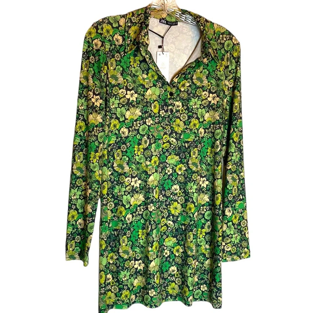 ZARA Floral Print Mini Shirt Dress S Green White Long Sleeve V-Neck Retro - Picture 3 of 12